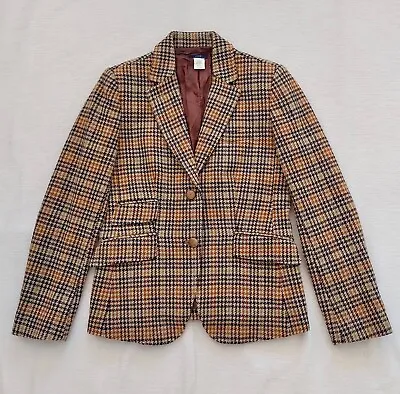 J Crew Brown Tweed Hacking Jacket 100% Wool Real Suede Elbow Patches US 4 UK 8 • $43.55