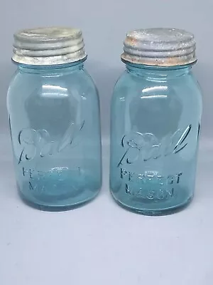 Lot Of 2 Vintage Ball Perfect Mason Blue Glass Quart Canning Jars With Zinc Lids • $12.99