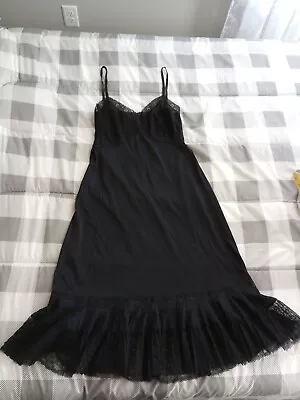 Vintage Van Raalte Black  Opaquelon Nylon Lacey Pleated Slip Nightgown S/M • $50