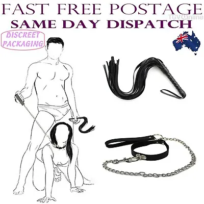 Collar Leash Lead Whip Sex Toy Slave BDSM Couples Fetish Bondage Chain Neck Set • $30.95