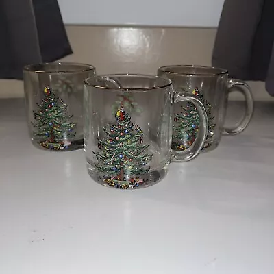 Set Of 3 Vintage Luminarc Christmas Tree Holly Glass Mugs Gold Trim 3.5'' Tall • $19.50