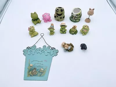 Vintage Frogs Lot Of 13 Lot  Small Ceramic Porcelain Plastic Wooden Bobble Head • $24.03