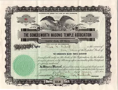 Somersworth NH Masonic Temple Stock Certificate 1930 Fred W Vibert Masons • $28.99