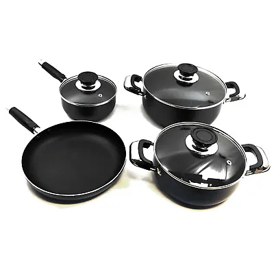 7 Pc ALUMINIUM NON STICK COOKWARE SAUCEPAN SET With TEMPERED GLASS LIDS  • £22.49