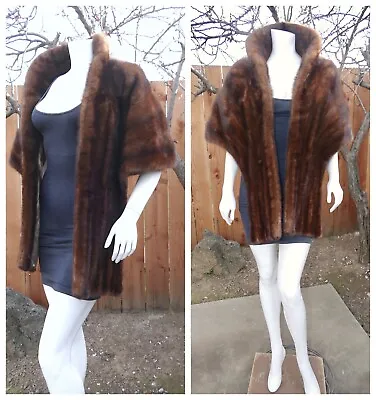 Luxury Real Ranch Mink Fur Dark Brown Extra Long Vntg Stole Cape Shawl Wrap M-L • $245