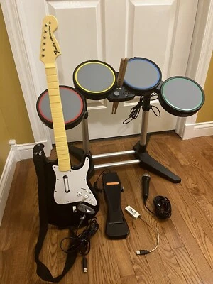 $175 • Buy Xbox 360 RockBand Bundle Drums,Sticks,Guitar,Strap, Microphone,Adapter,& 2 Games