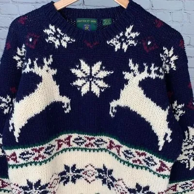 Club Room Sweater Mens Medium Hand Knit Wool Reindeer Holiday Snow Navy Cruise • $30.57