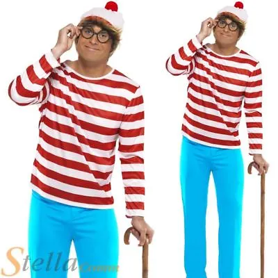 Mens Where's Wally Costume Book Week Stag Fancy Dress Outfit + Hat + Glasses • £39.99