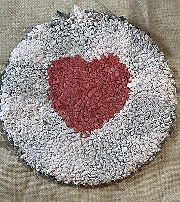 Antique American Hand Hooked Rag Round Mat Rug Red Heart Valentine • £38.60