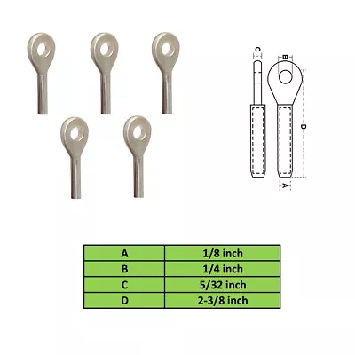 Aircraft Eye Stainless Steel 5 PC 1/8 Inch Wire Rope Swage Eye Terminal Hand • $16.77