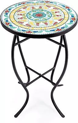 21  Mosaic Plant Stand 14 Inch Round Side Table With Ceramic Tile Top Indoor A • $73.89