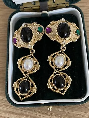 Vintage Goldtone Multi Stone Dropper Earrings Clip On . • £6.70