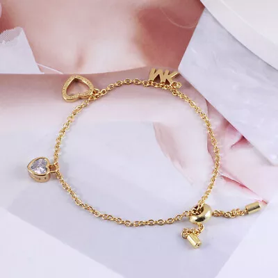 Michael Kors Rhinestone Love Letter Heart-Shaped Bracelet Gold With Jewelry Box • $16.99