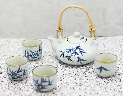 Blue Oriental Bamboo Branches And Leaves Design Porcelain Tea Pot And 4 Cups Set • $27.95