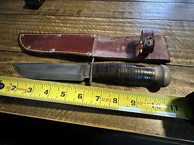 VINTAGE RH FIXED BLADE MILITARY KNIFE With Leather Sheath • $37.80