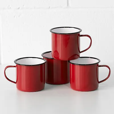 Set Of 4 Red Enamel Mugs 360ml Vintage Style Tea Water Coffee Tin Camping Cups • £18
