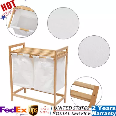 Bamboo Frame Laundry Hamper With Dual Basket Two-Sections Removable Laundry Bags • $37.05