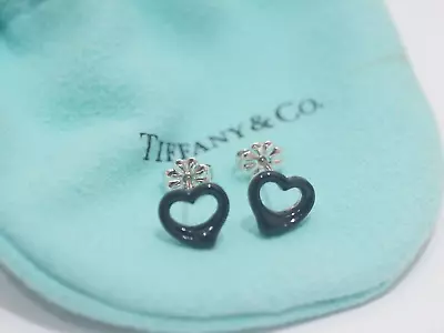 Rare! Tiffany & Co. Silver Elsa Peretti Black Jade Mini Open Heart Earrings • $325