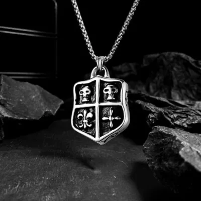 Men's Silver Skull Shield Pendant Necklace Chain Punk Retro Rock Jewelry Gift • $11.99