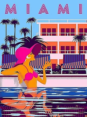 Miami Beach Florida Girl In Pool Retro Travel Wall Decor Art Deco Poster Print • $11.19