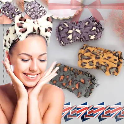  Soft Hair Bow Leopard Dot Towel Band Wrap Headband Makeup Bath Spa Facial | UK • £1.99