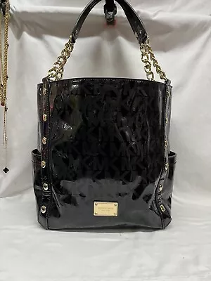 MICHAEL KORS Delancy Studded Black Mirror Metallic Large Tote Bag Logo Signature • $38