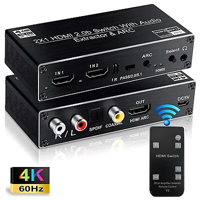 4K-HDMI Audio Extractor Splitter 2 In 1 Out HDMI ARC Audio Switcher Selector • $44.27