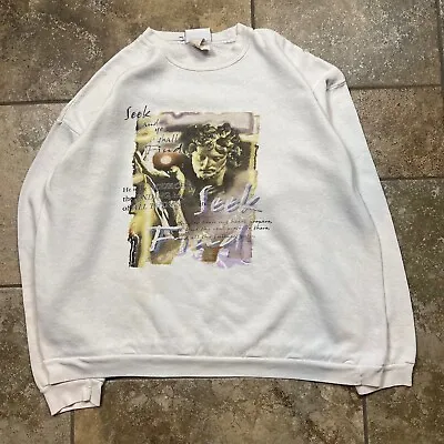 Vintage 90s Jesus Art Crewneck Sweatshirt Adult Medium Distressed Obscure White • $24.59