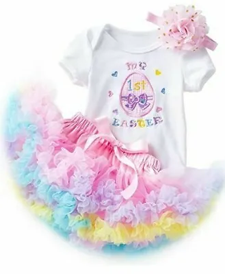  My First 1st Easter Baby Girl 3 Piece 6-12 Month Outfit Bunny Eggs Romper Dress • $14.99