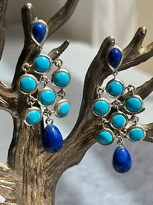 925 Sterling Silver Turquoise Lapis Lazuli Chandelier Earrings Signed MB China • £26.60