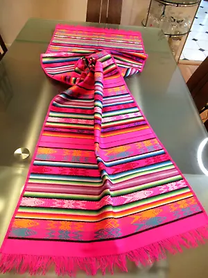 Mexican Maya Aztec Colorful Fringed Table Runner 64  X 19  - Made In Mexico • $40