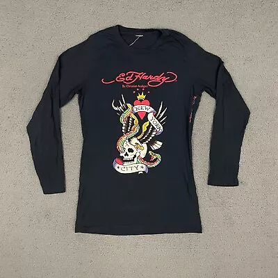 Vintage Ed Hardy Top Womens Large/XL Black Skull Graphic Long Sleeve Casual • $59.95