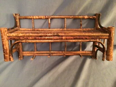 Vintage Wooden Handmade Bamboo Wicker Rattan Wall Shelf And Pegs • $28.99