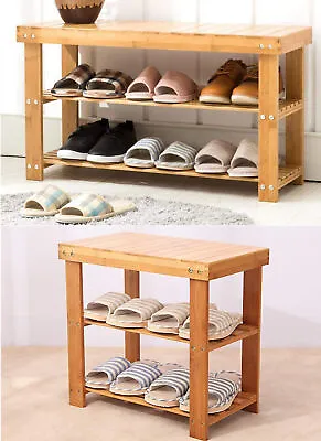 2 Tier Shoe Rack Bench Bamboo Stand Organizer Wood Entryway Storage Shelf Seat • $34.99