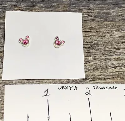 Tiny Pair Of Mickey Mouse Post Earrings Silver Tone With Pink Rhinestone • $6