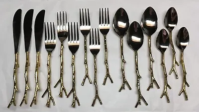 15pc Pier 1 Arbor Golden Stainless Flatware Gold Plate Twig Handle-Service For 3 • $100