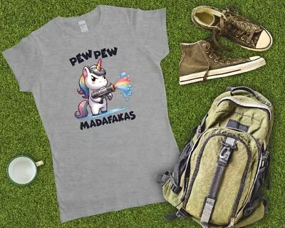 Pew Pew Pew Madafakas Funny Unicorn Ladies Fitted T Shirt Sizes Small-2XL • £12.49