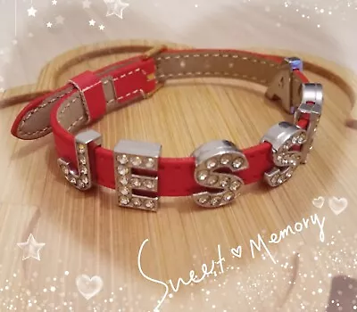 Personalised Wristband Bracelets (Red) With Name In Rhinestone Letter Pendants • £5.29