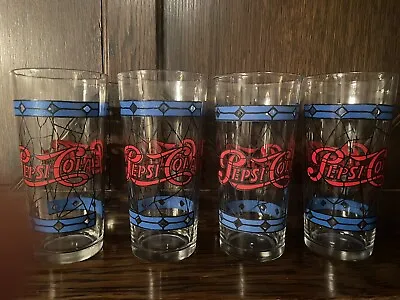 Set Of 4 Pepsi-Cola VTG Drinking Glasses Tiffany Red Blue Stain Glass Style 70's • $16.25