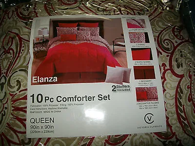 NEW 10 Piece Victoria Classics Elanza Red/Multi Polyester Queen Comforter Set  • $99.99