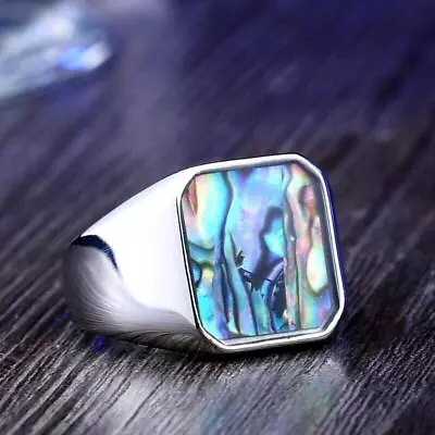 Abalone Shell Inlay Square Wedding Ring Stainless Steel Men's Vintage Band Rings • $8.89