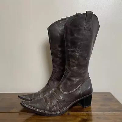 00s Italian Brown Leather Pointy Western Cowboy Boots  89f3 • £75