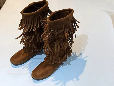 Minnetonka 3 Layer Fringe Pull On Leather Moccasin Boot Brown 1632 UK Size 3.5 • £34.95