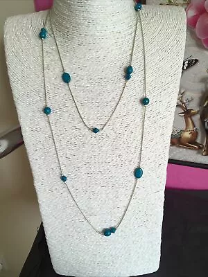 Long Silver Tone Blue Bead Station Necklace  • £2.15