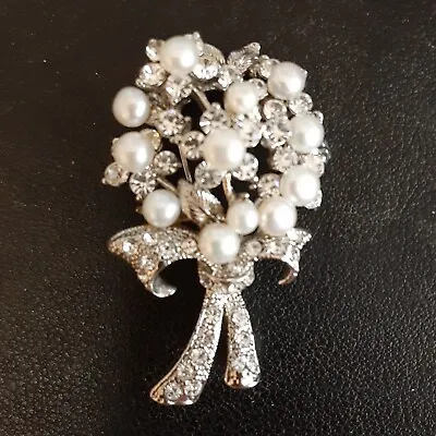 Vintage Rhinestone Pearl Flower Bouquet Brooch Pin Silver 1.25*2 • $27.59