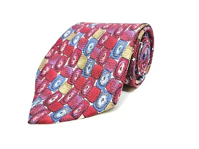 417 By Van Heusen Mens Neck Tie Red Blue Geometric Squares 100% Silk Made In USA • $6.94