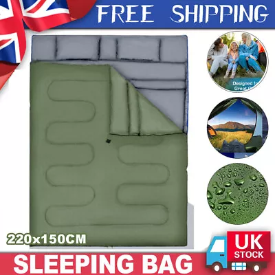 Double Sleeping Bag 4 Seasons Lightweight Camping Bag W/2 Pillows & Carrying Bag • £30.39