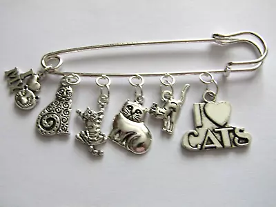 Silver Brooch-pin - I Love My Cat With 6 X  Cat Silver Charms- New-80mm • £2.99