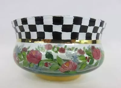 MACKENZIE CHILDS Heirloom Hand Painted Rose Glass Bowl Check Retired 4  • $69.99