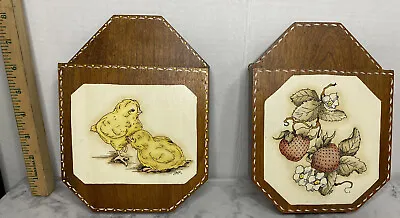 Vintage Wood Mail/ Letter Holder Handmade Chicks Strawberries Signed JAM • $29.95